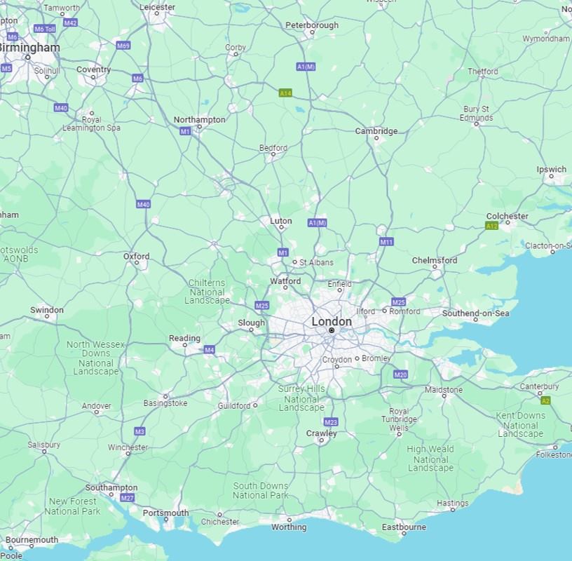 Map showing London and parts of south-east England