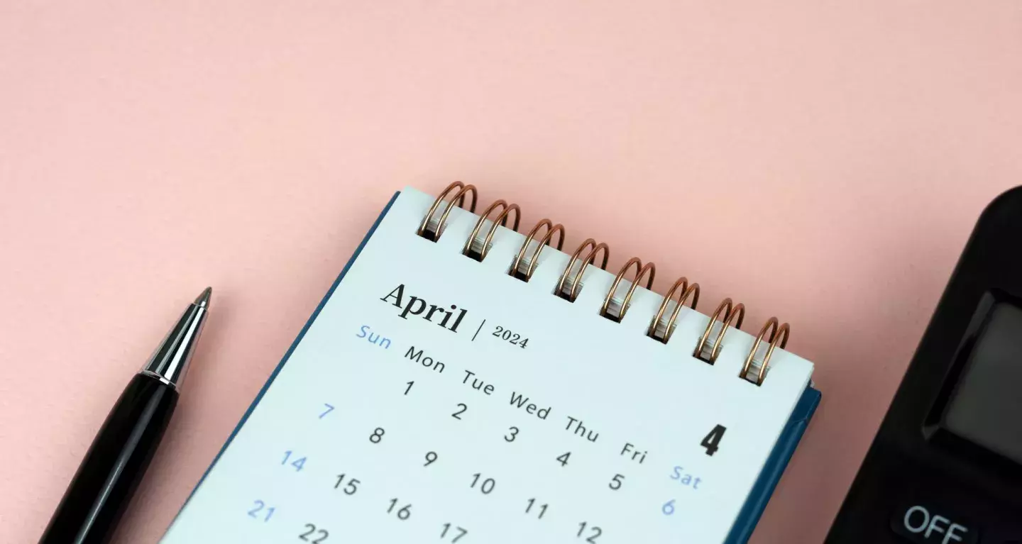 A desk calendar showing April 2024