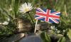 UK flag with stack of money coins with grass and flowers